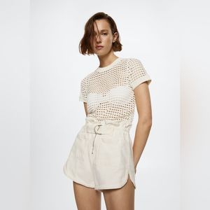 MNG White Openwork cotton-blend T-shirt Sz Small